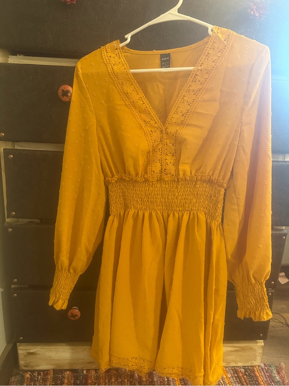 Smocked Waist V-Neck Long Sleeve Dress - Mustard